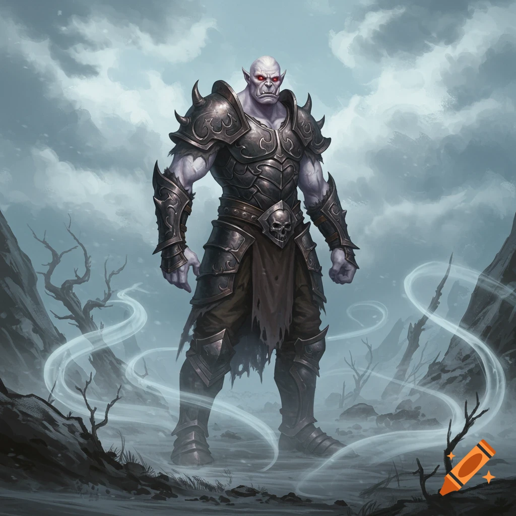 A pale white orc in dark, spiky armor stands in a desolate, cloudy landscape with swirling mist and dead trees.