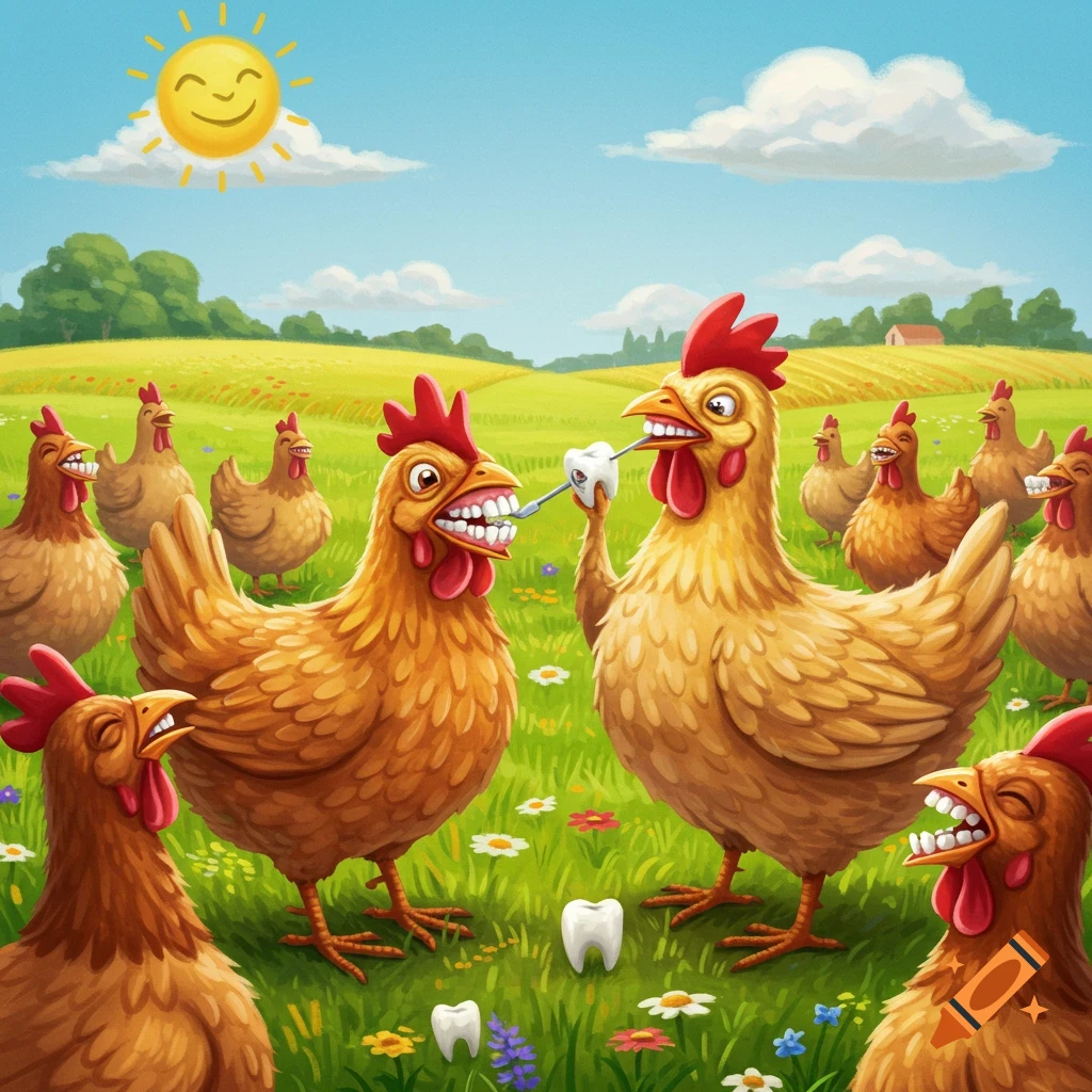 Cartoon chickens with human teeth in a sunny field, one acting as a dentist while others laugh.