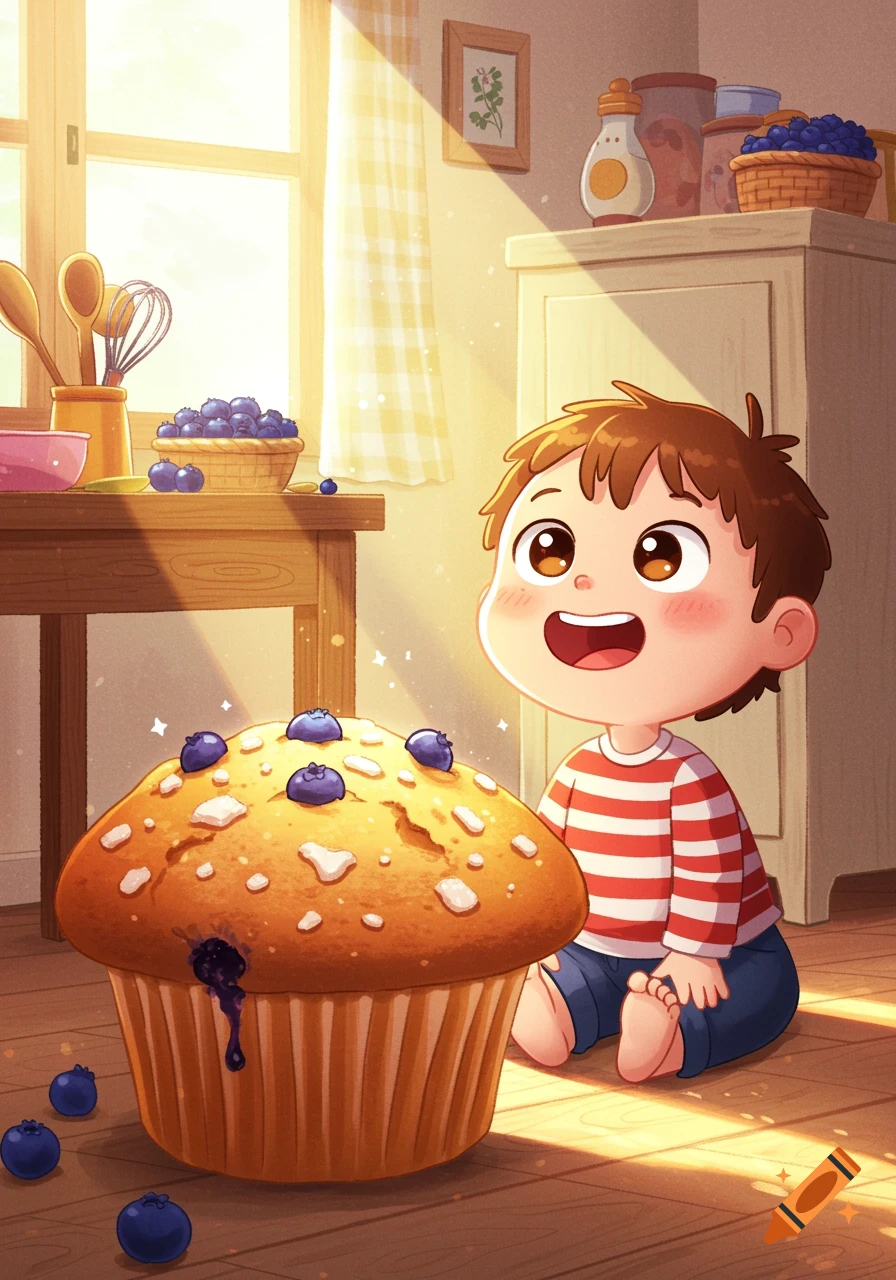 Cartoon child sits on a sunlit kitchen floor, happily looking at a giant blueberry muffin.