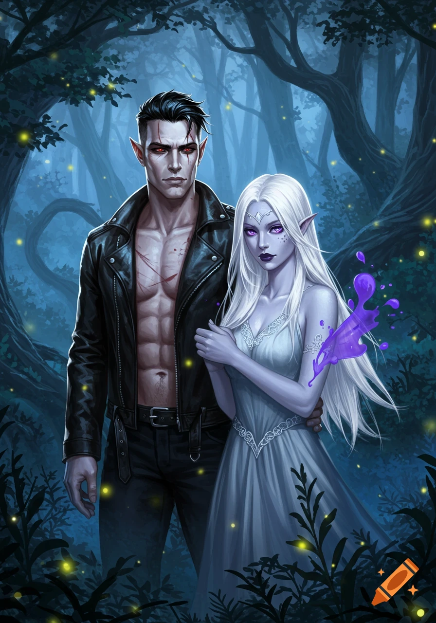 A dark fantasy illustration of two elf-like figures, a male in a leather jacket and a female with white hair and purple eyes, in a glowing forest.