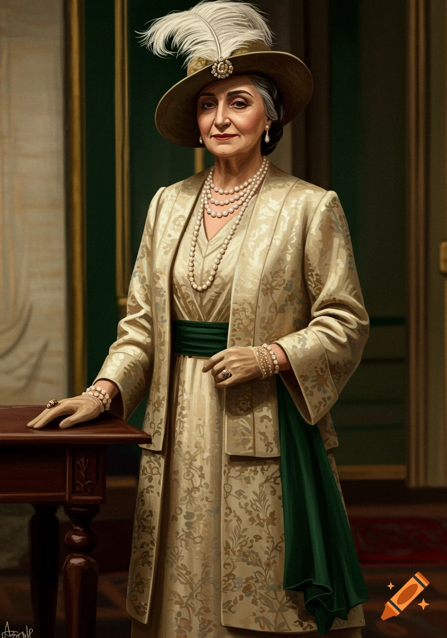 Elegant portrait of a wealthy Iranian lady in a vintage 1940s aristocratic dress, feather hat, pearls, and gloves.