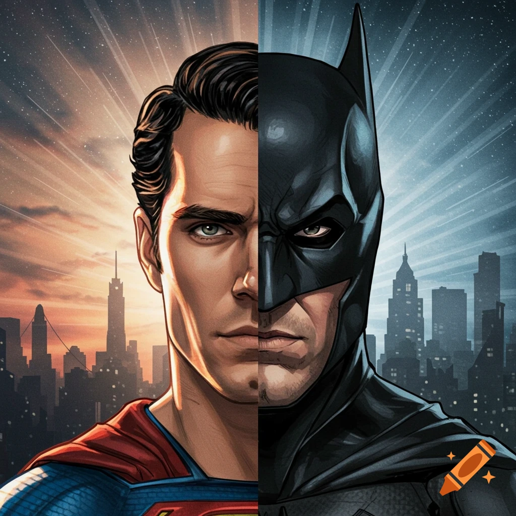 Composite comic art portrait of Superman and Batman, split down the middle, against a city skyline.