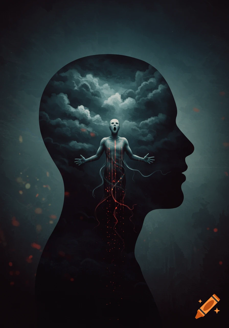 A dark, surreal image of a screaming figure with red tendrils inside a human head silhouette, surrounded by storm clouds.