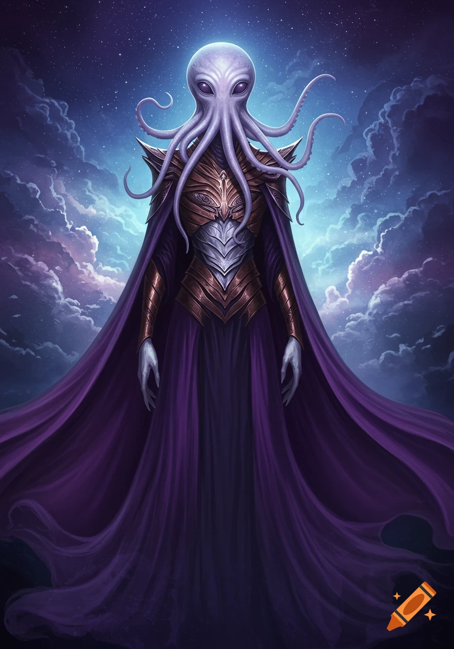 Androgynous alien with tentacles for hair, large eyes, in silver and bronze armor under flowing purple robes against a starry, cloudy sky.