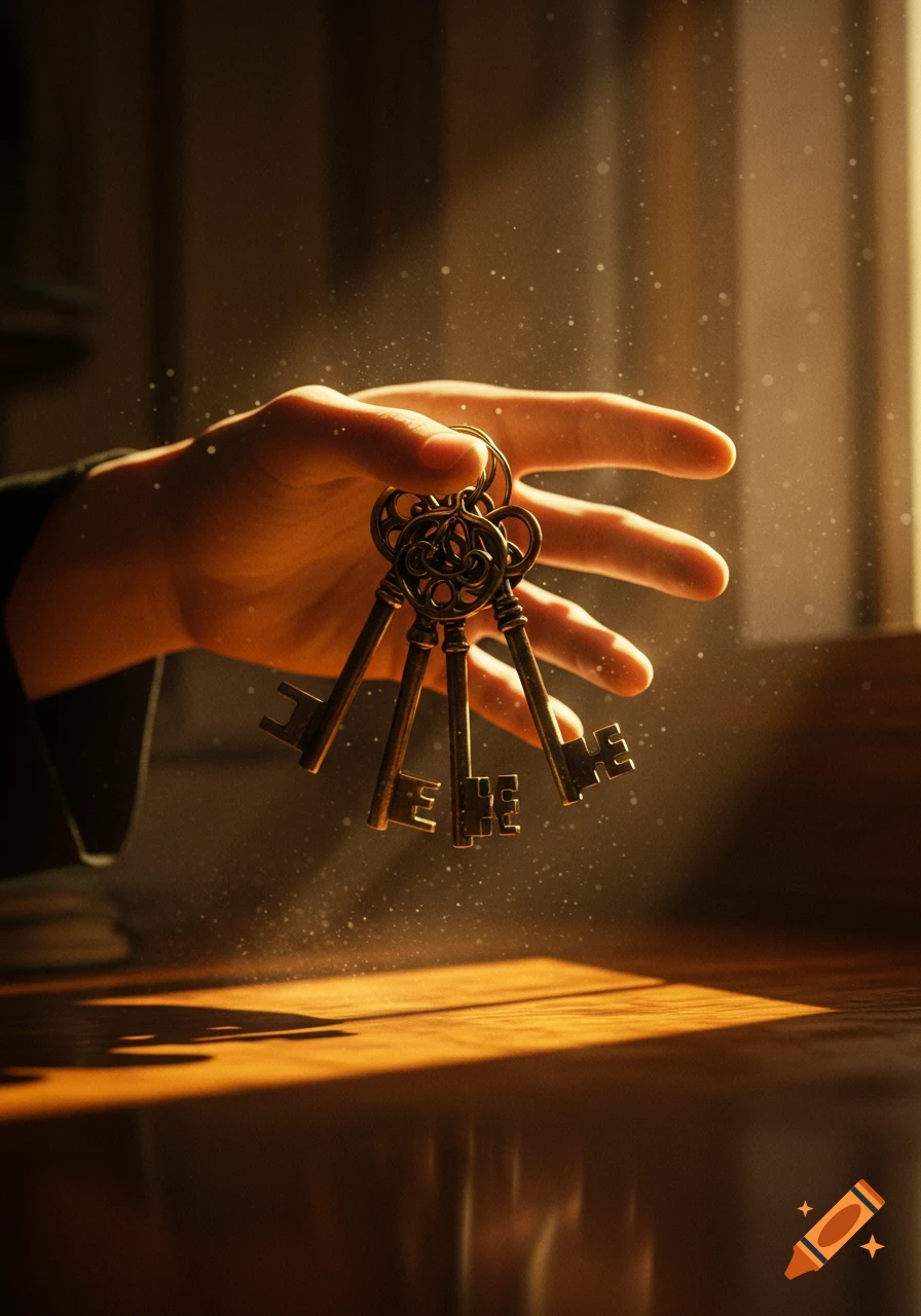 A hand holds a bunch of ornate keys, illuminated by a warm, dusty beam of sunlight filtering through a window.