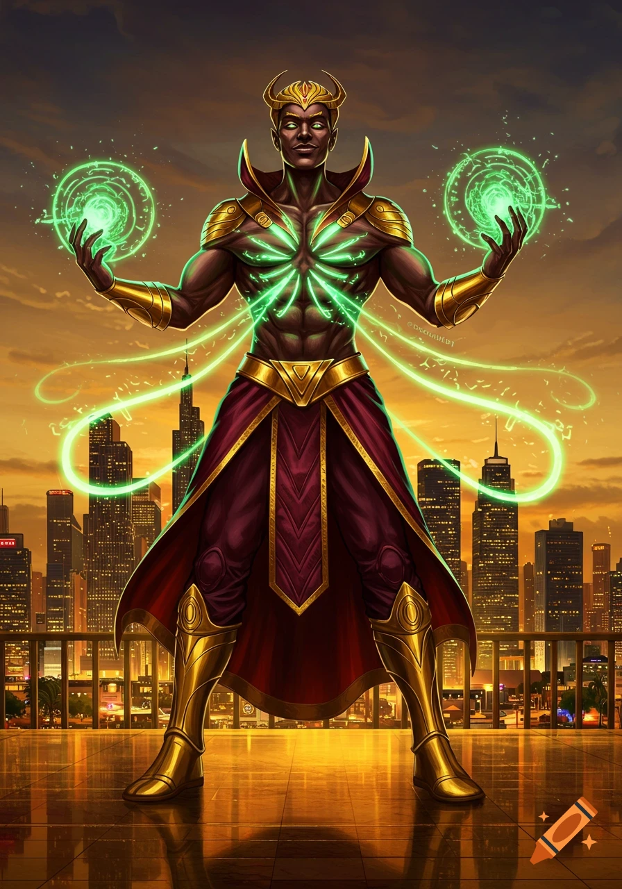 A powerful dark-skinned man in gold and red robes with a horned crown stands on a rooftop, conjuring glowing green energy against a city skyline at sunset. Digital art.