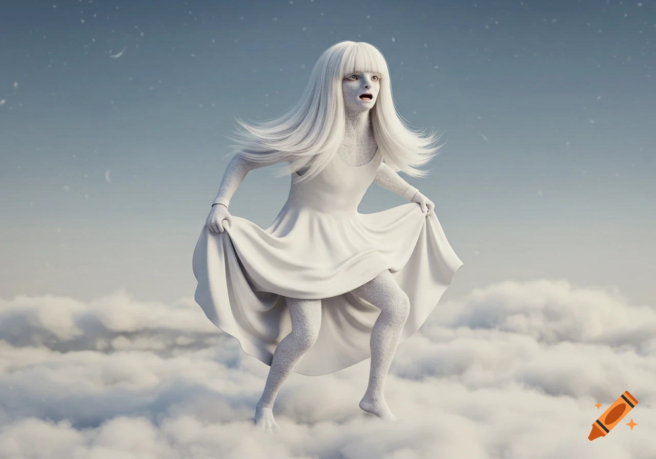 A white-haired, pale, humanoid figure in a white dress floats above clouds, looking fearful. Her dress and hair billow upwards in a soft, dreamy, 3D style.