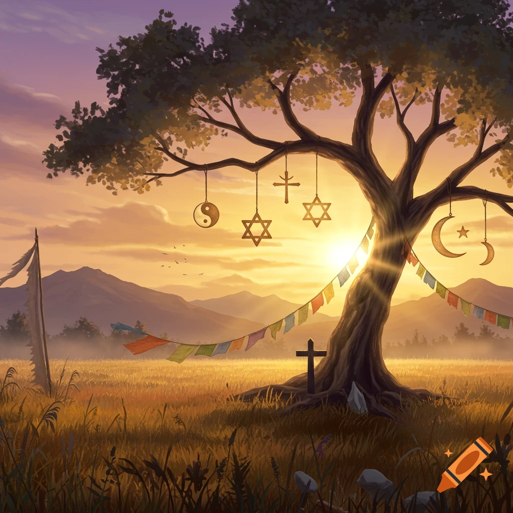 A large tree adorned with various religious symbols and colorful prayer flags stands in a golden field at sunset, with mountains in the background.