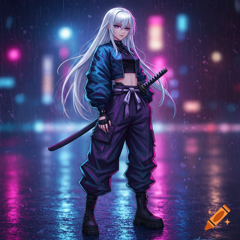 Anime illustration of a white-haired girl in a blue bomber jacket and cargo pants, holding a katana in a neon-lit, rainy city.
