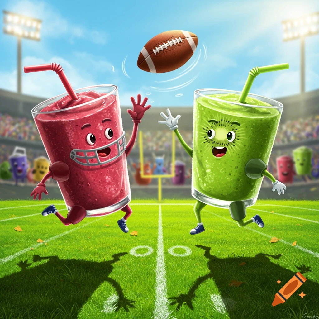 Two cheerful, animated smoothie drinks, one red and one green, playing American football on a green field in a stadium under a blue sky.