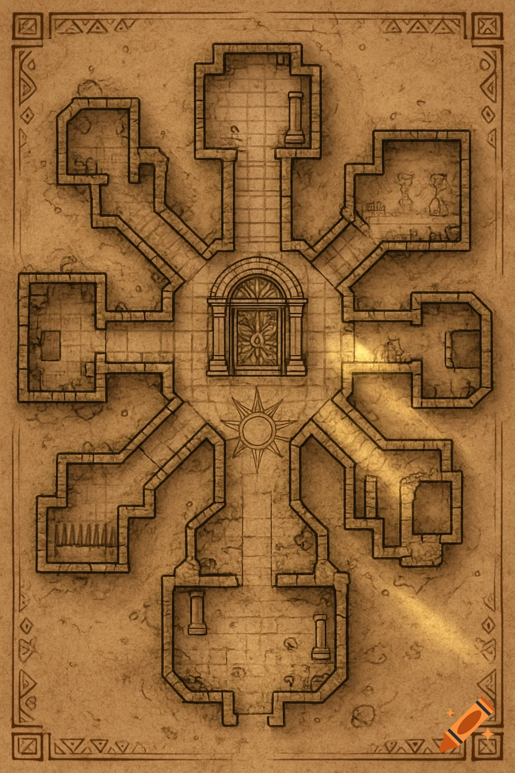 Hand-drawn style top-down map of a desert temple with a central room, ornate door, and branching paths on parchment.