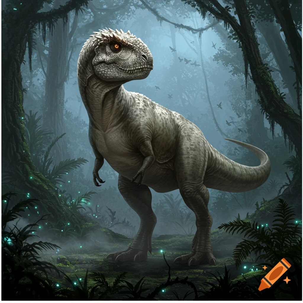 A detailed illustration of a large, grey dinosaur with glowing orange eyes in a misty, dark jungle with bioluminescent plants.