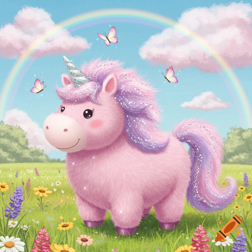 A fluffy pink cartoon unicorn with a sparkly purple mane and tail stands in a field of colorful wildflowers under a rainbow and blue sky.
