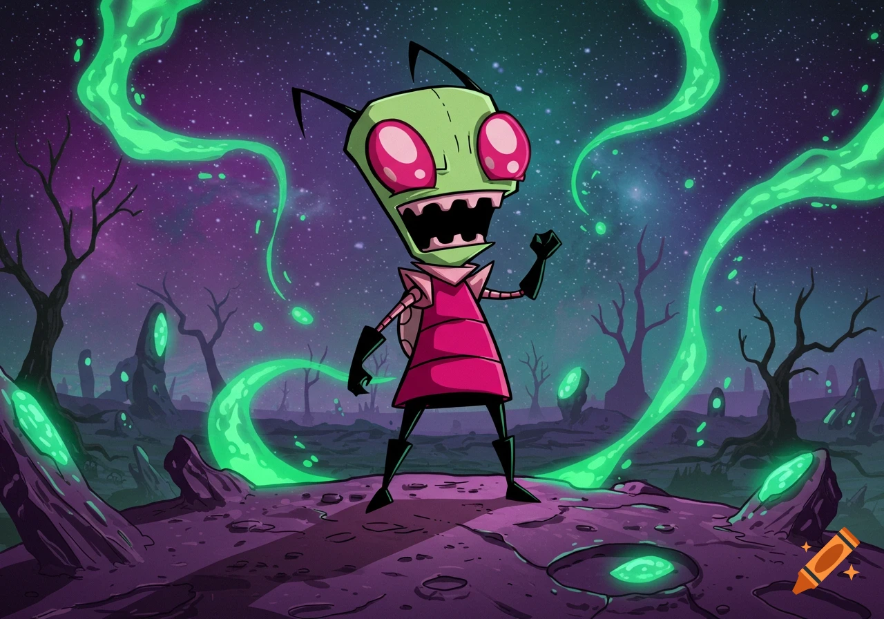 Invader Zim, a green alien with large pink eyes, stands on a purple alien planet with glowing green smoke and spiky trees under a starry sky.