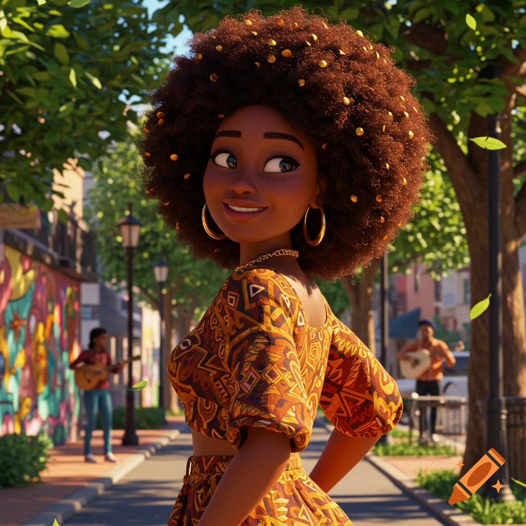 A smiling animated Black woman with an afro and gold earrings looks over her shoulder on a sunny street with a colorful mural and musicians in the background.