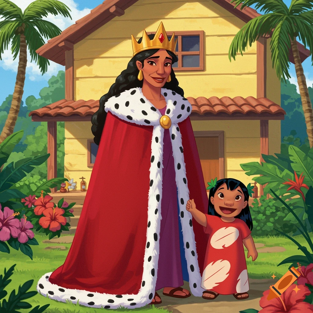 Cartoon illustration of Nani Pelekai in a crown and red cloak, with Lilo in a red dress, outside a yellow house with palm trees.