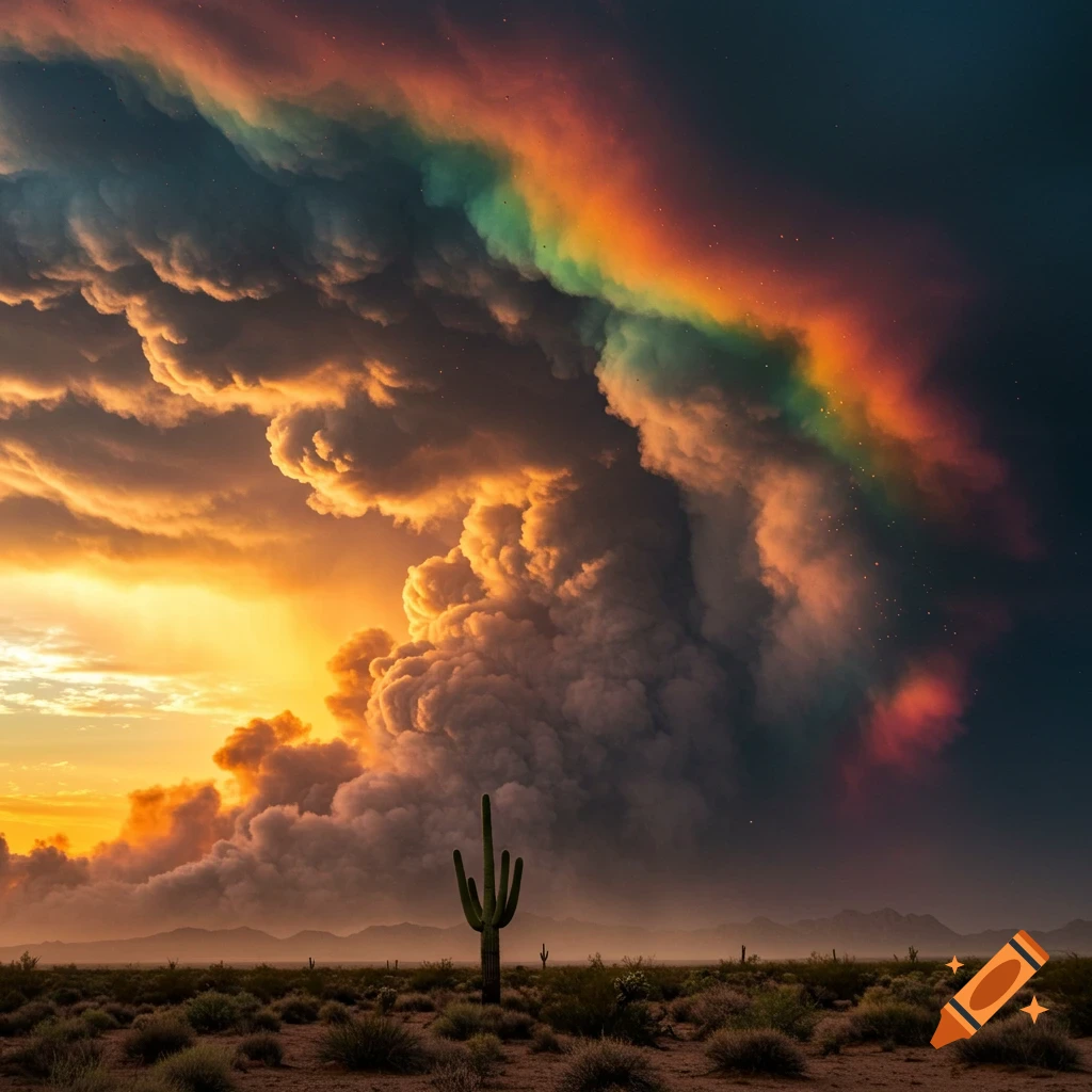 Photorealistic desert landscape with a saguaro cactus, massive orange-lit storm clouds, and a vibrant rainbow at sunset.