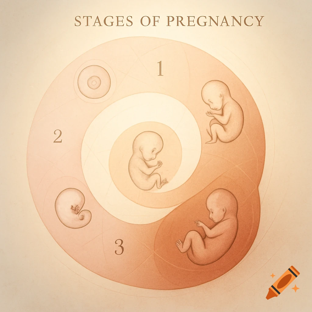 A scientific diagram illustrating the stages of human pregnancy, with an embryo and fetuses developing in a spiral sequence.