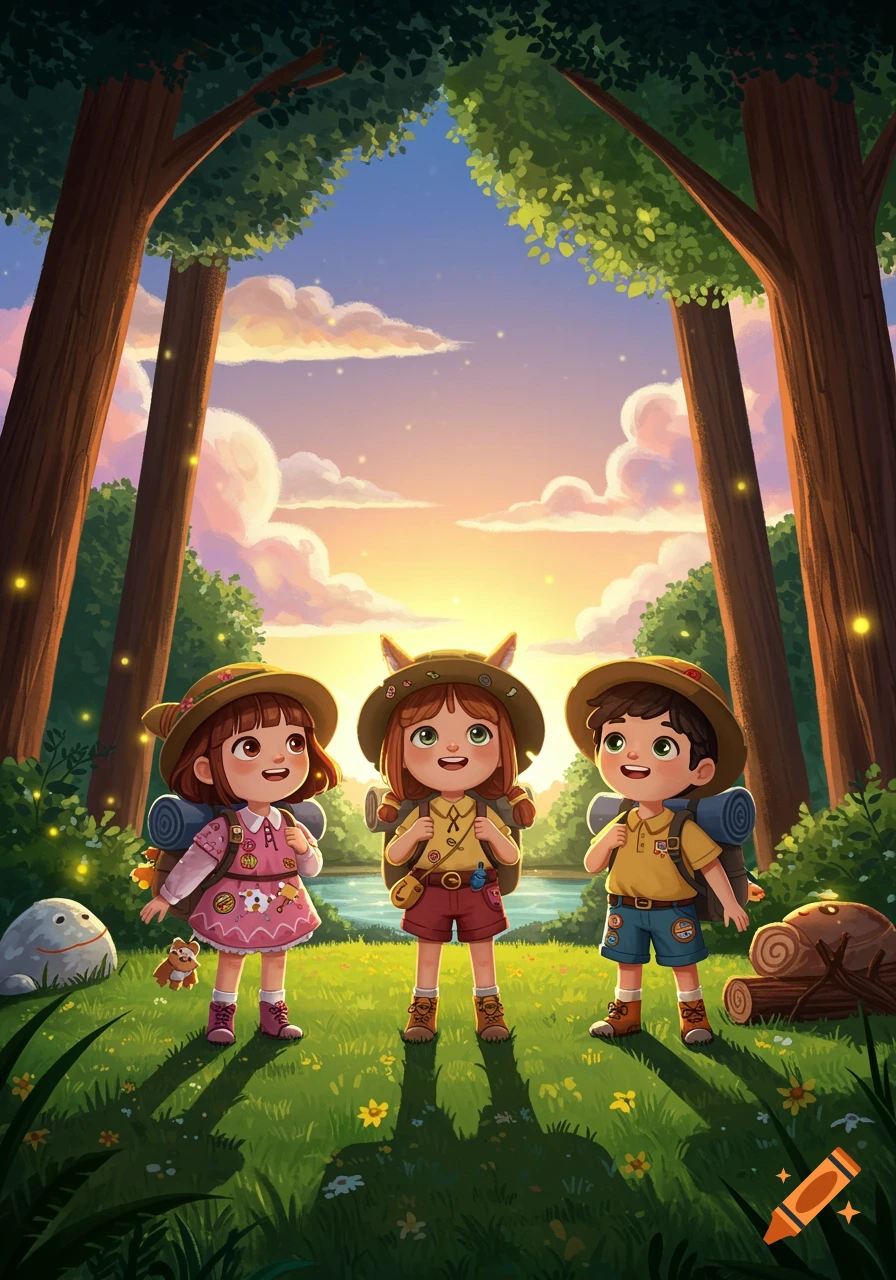 Three cheerful cartoon children in camping gear stand in a vibrant forest at sunset by a river.
