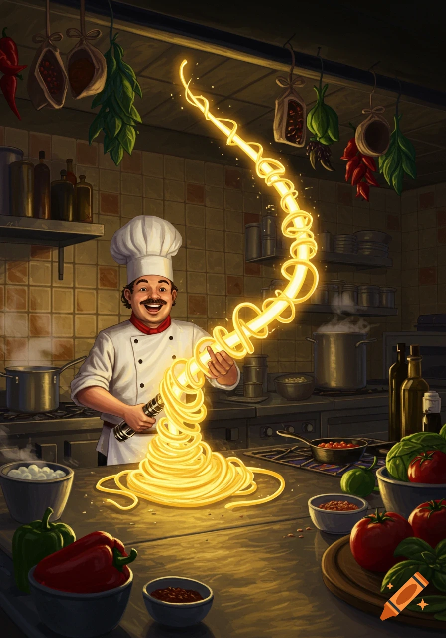 A smiling chef in a kitchen wields a glowing spaghetti lightsaber, surrounded by cooking ingredients in a stylized illustration.