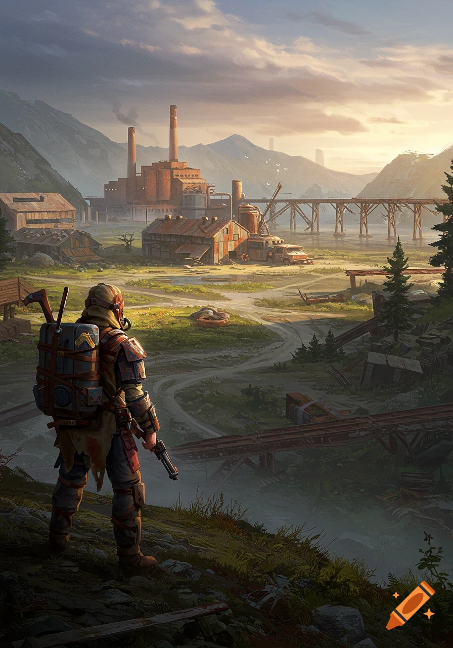 An armored survivor stands on a hill, looking over a decaying industrial complex with mountains and a bridge in the distance at sunset, in an illustrative style.