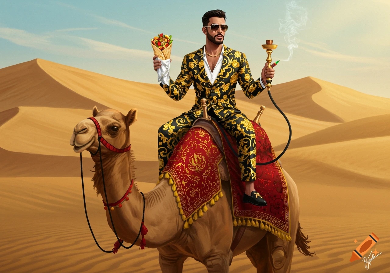 A man in a black and gold suit and sunglasses rides a camel in the desert, holding a shwarma and a hookah in a digital illustration.