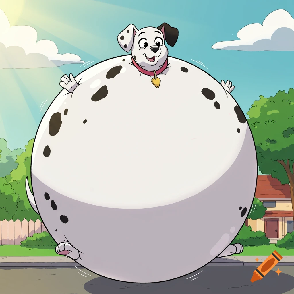 Cartoon Dalmatian dog inflated like a giant balloon, standing on a sidewalk in a sunny suburban setting.