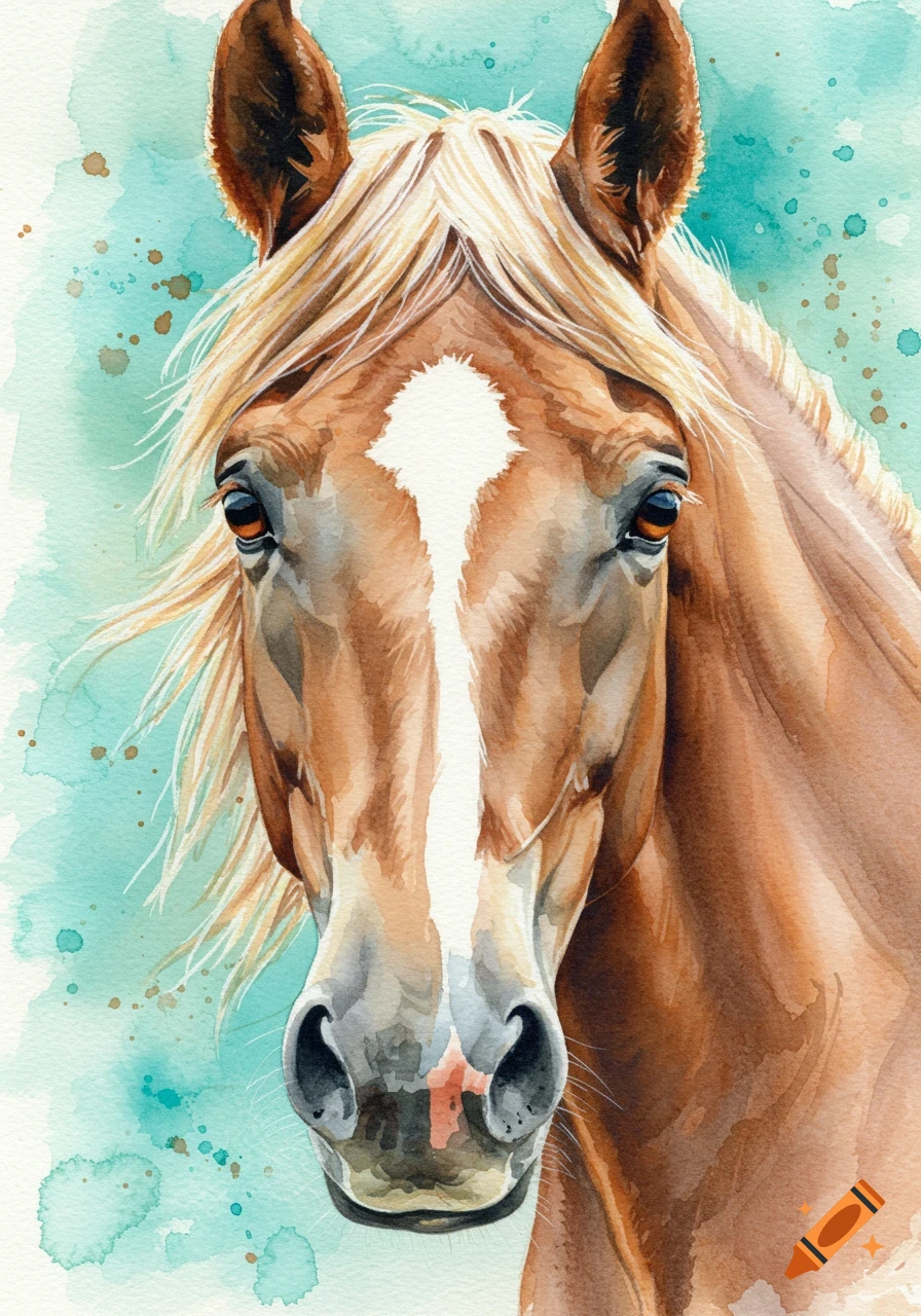 Watercolor close-up of a brown horse's face with a white blaze against a teal background.