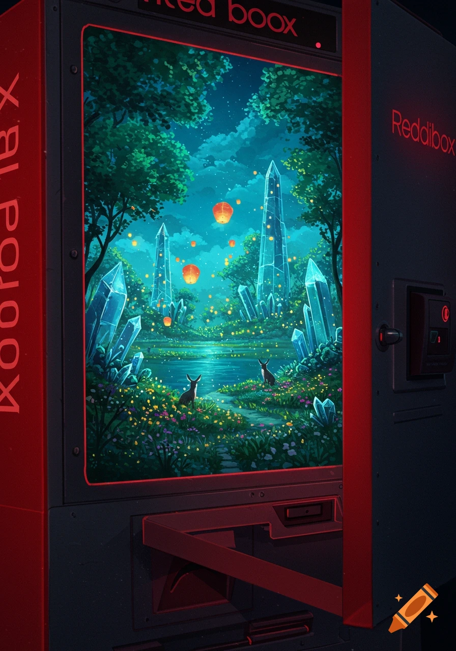 A vibrant fantasy scene with blue crystals, a lake, deer, and floating lanterns displayed on the screen of a red and dark gray vending machine.