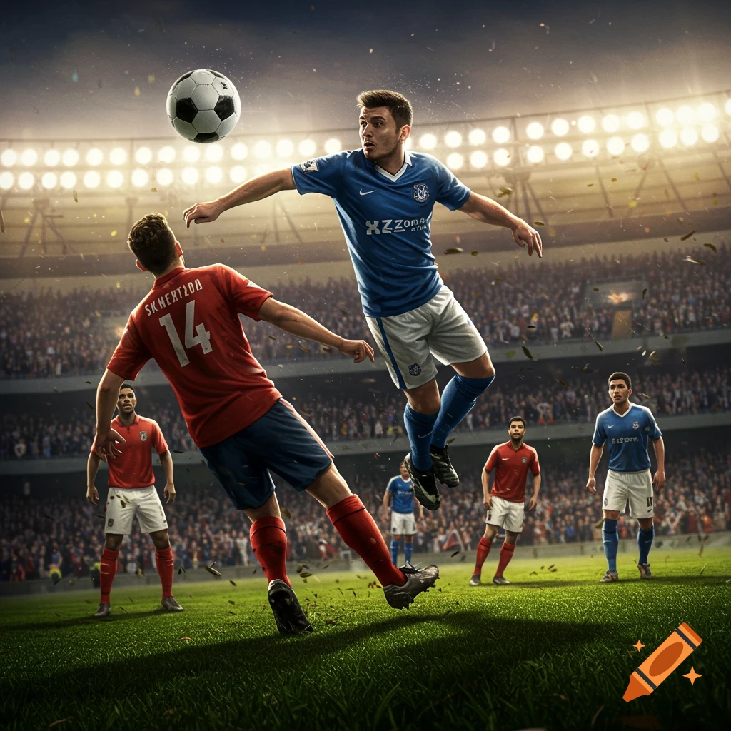 Dynamic shot of two football players competing for the ball in a packed stadium.