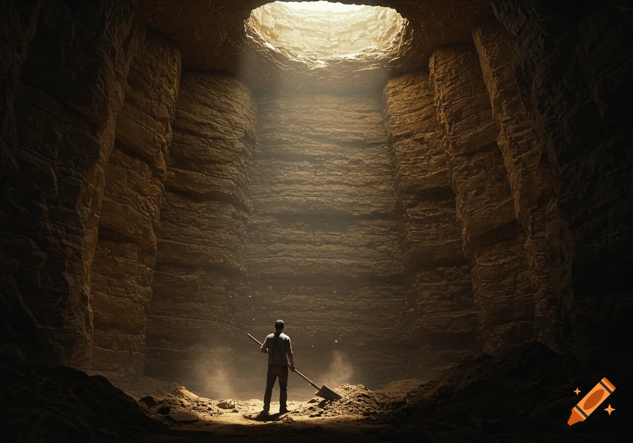 A man stands at the bottom of a deep, rocky hole, holding a shovel, illuminated by a sunbeam from above.