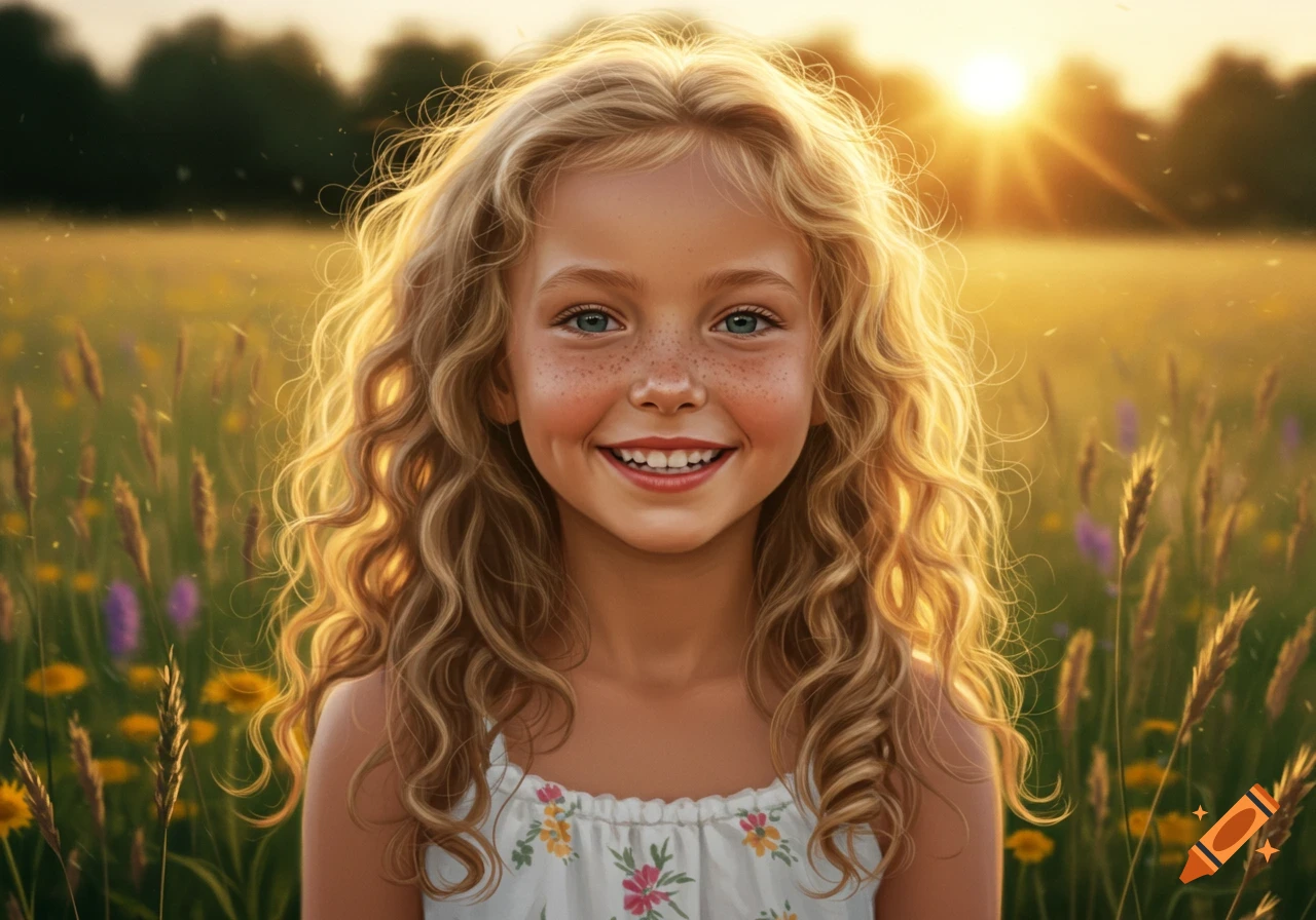 A smiling young girl with blonde curly hair and freckles stands in a sunlit field at sunset.