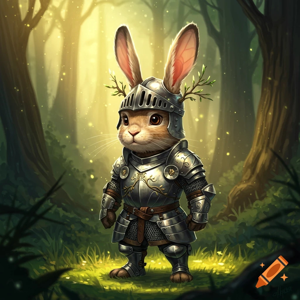 A cute humanoid rabbit wearing detailed silver armor with small branches on its helmet stands in a sunlit, magical forest.