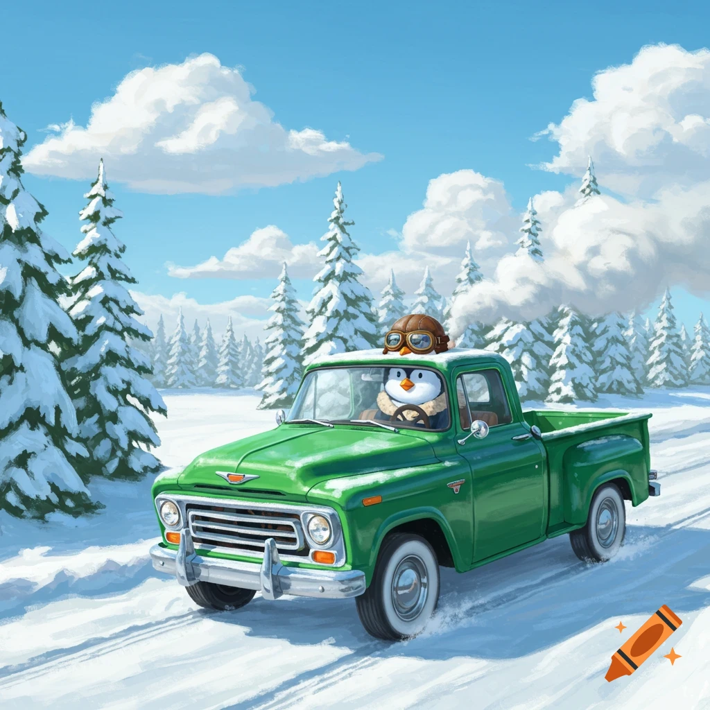 An illustrated cartoon penguin in a pilot's hat and goggles drives a green pickup truck through a snowy forest.