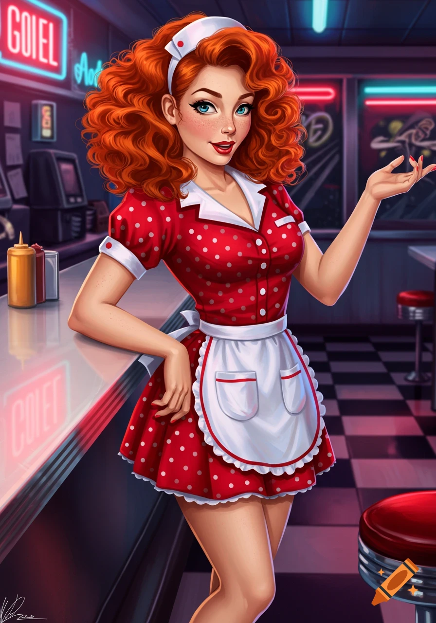 A smiling redhead waitress in a red polka dot dress and white apron stands in a retro 1950s diner.