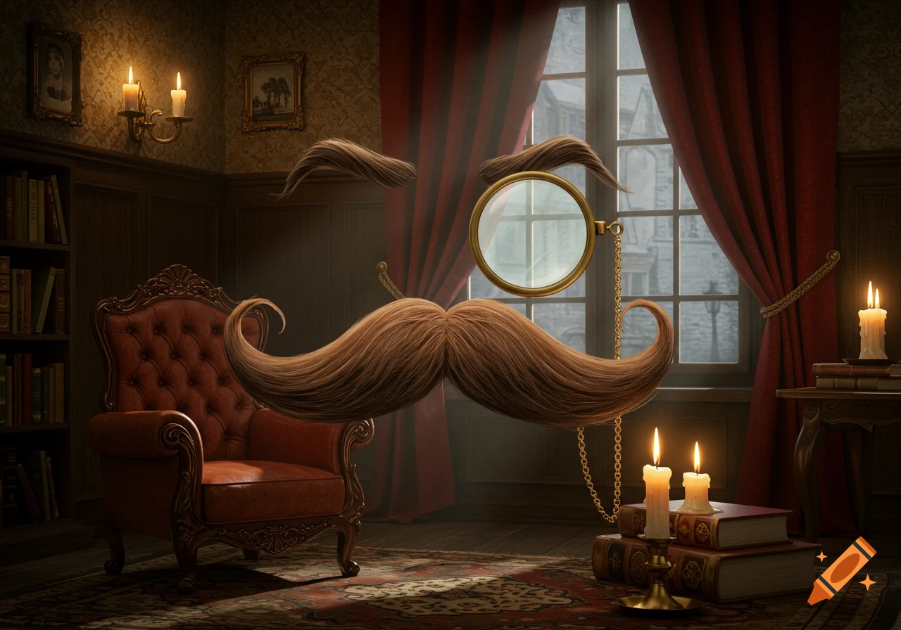 A large, floating brown handlebar mustache with a monocle in a richly detailed Victorian study featuring a red armchair, books, and candles.