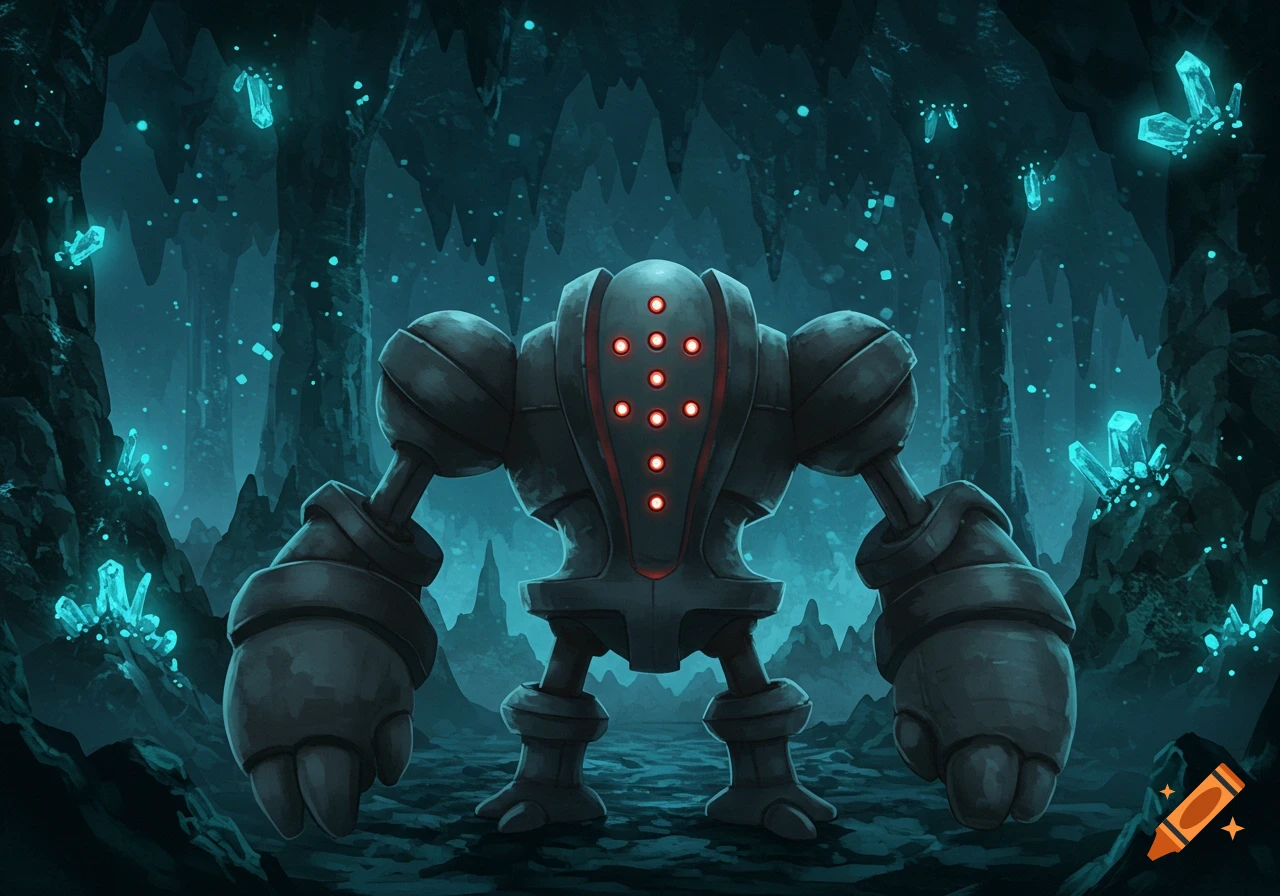 A metallic Registeel Pokémon stands in a dark, glowing blue crystal cave, depicted in a digital art style.
