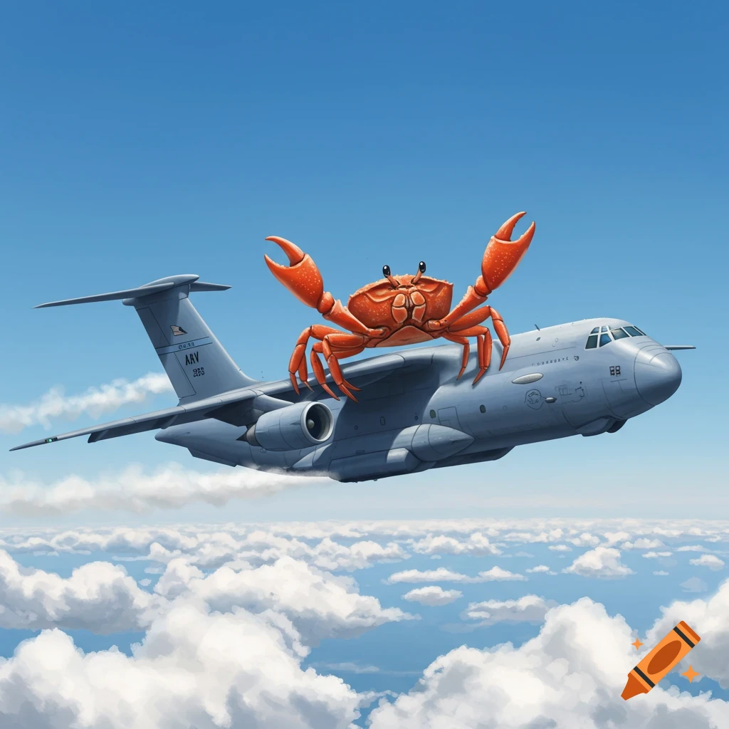 A cartoon red crab with raised claws rides on a grey military cargo plane flying above clouds in a bright blue sky.