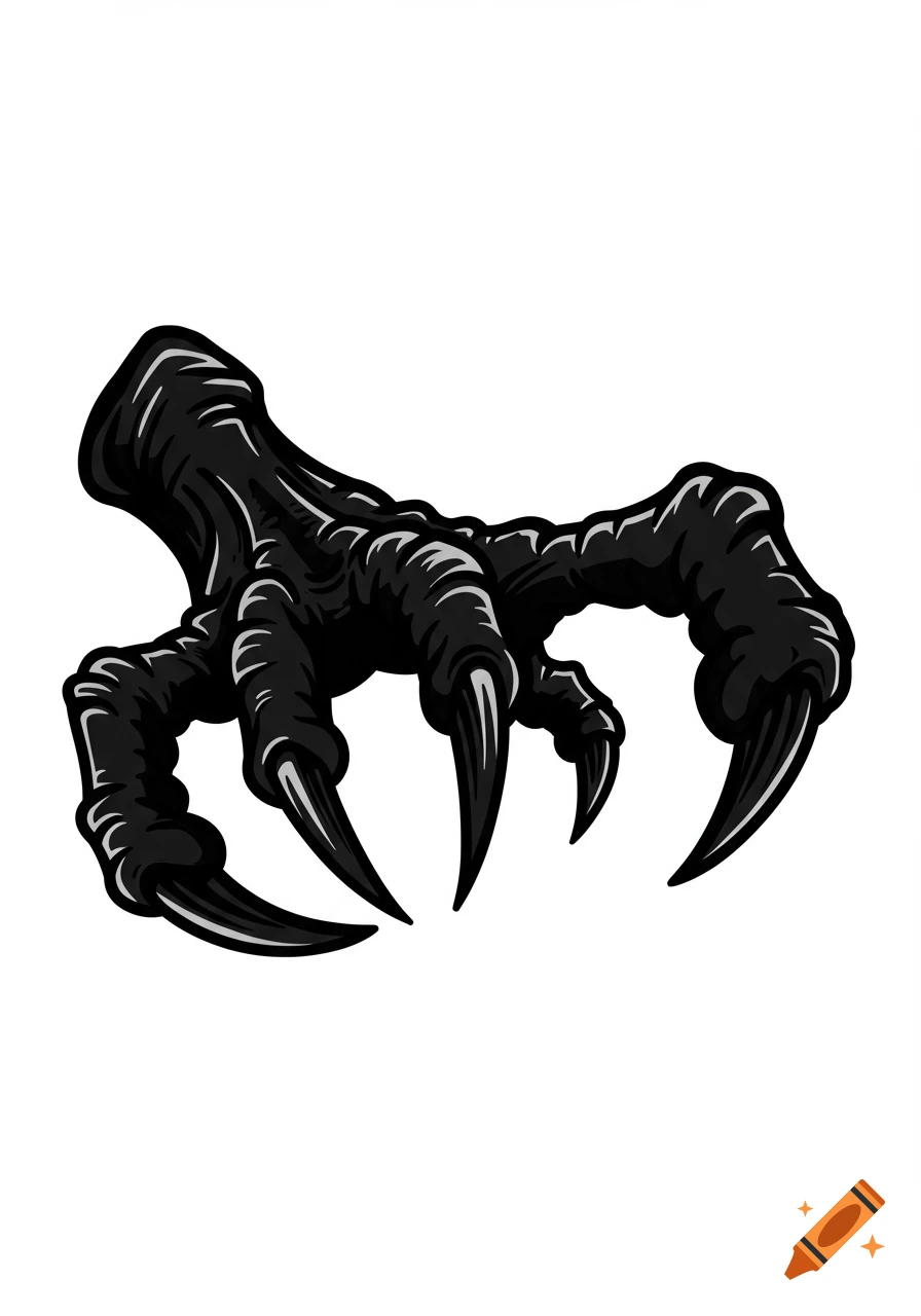 A stylized black dragon claw with sharp talons, outlined in white, on a white background.