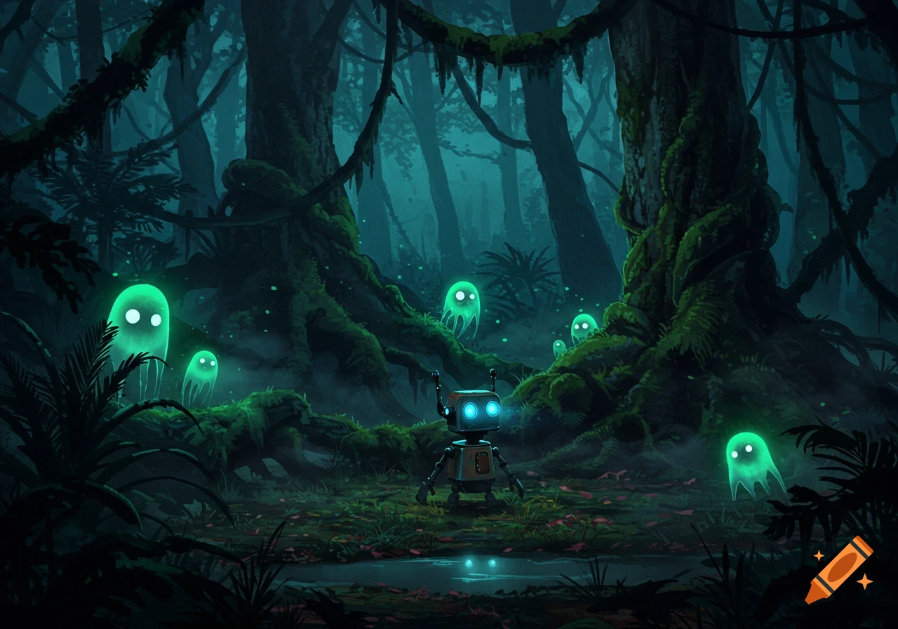 A small robot stands in a dark, mossy forest, illuminated by glowing green ghost-like creatures.