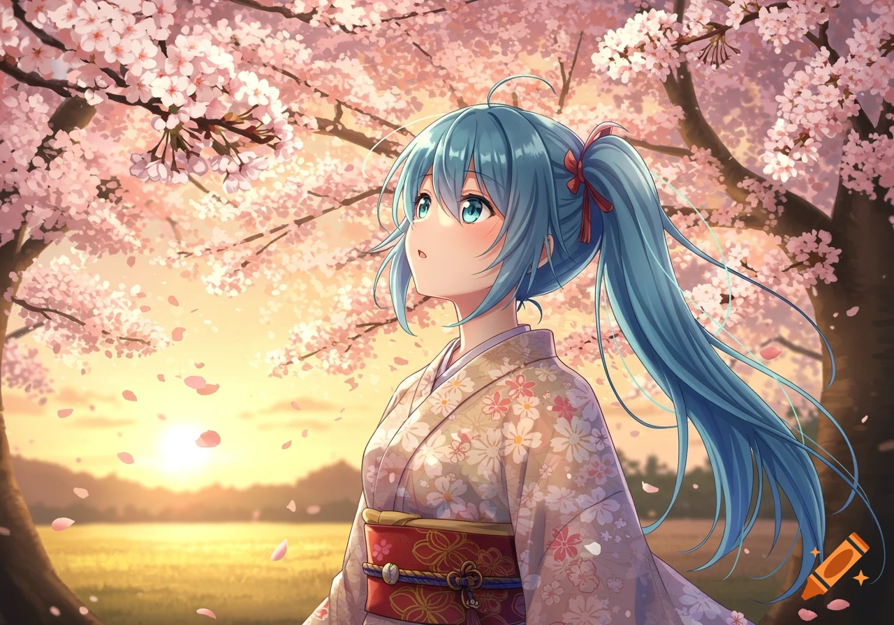Anime girl with blue hair in a kimono, looking up at cherry blossoms during sunset.