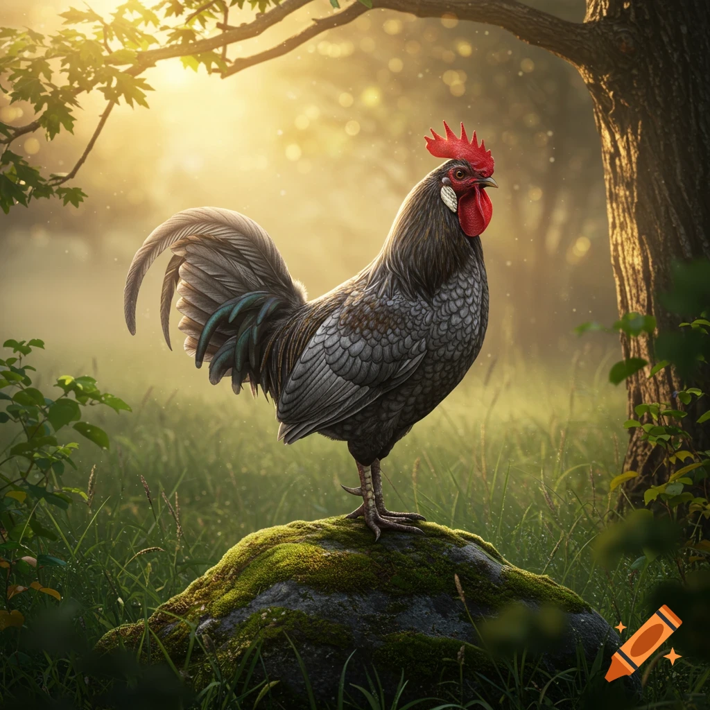 A photorealistic grey rooster with a red comb stands on a mossy rock in a sun-dappled forest.
