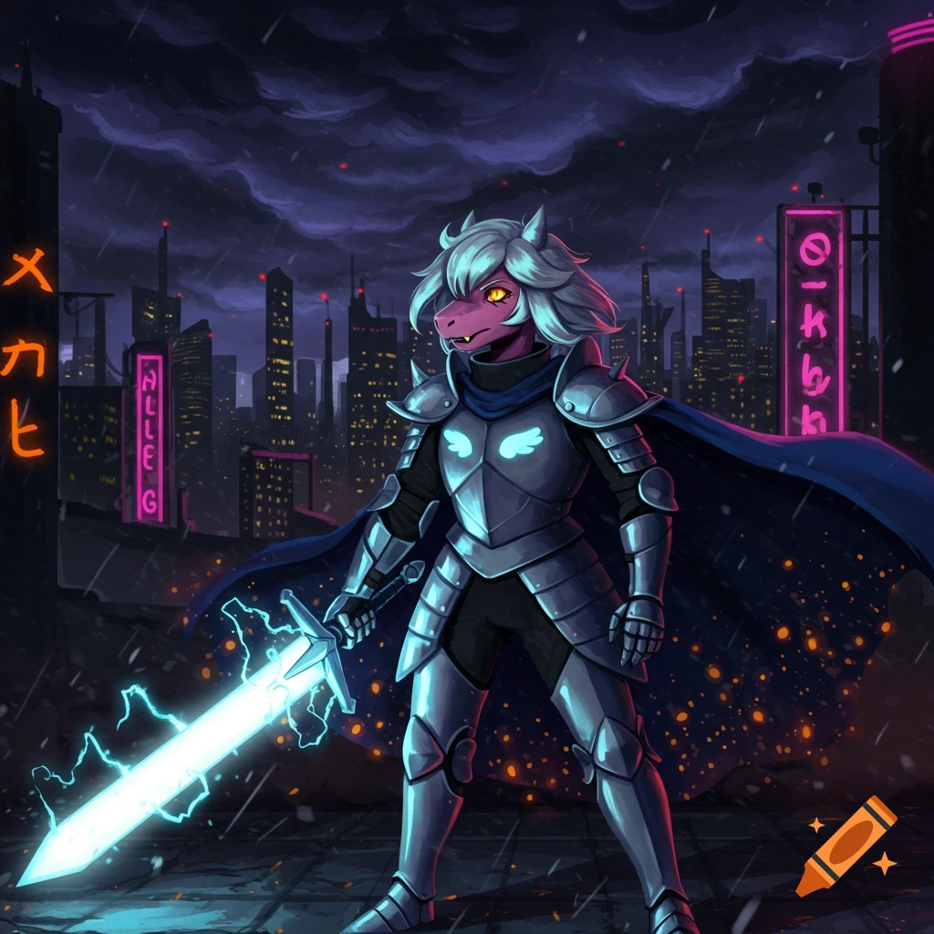 A pink-skinned, white-haired, dragon-like warrior in silver armor and a blue cape holds a glowing electric sword in a rainy, neon-lit cyberpunk city at night.
