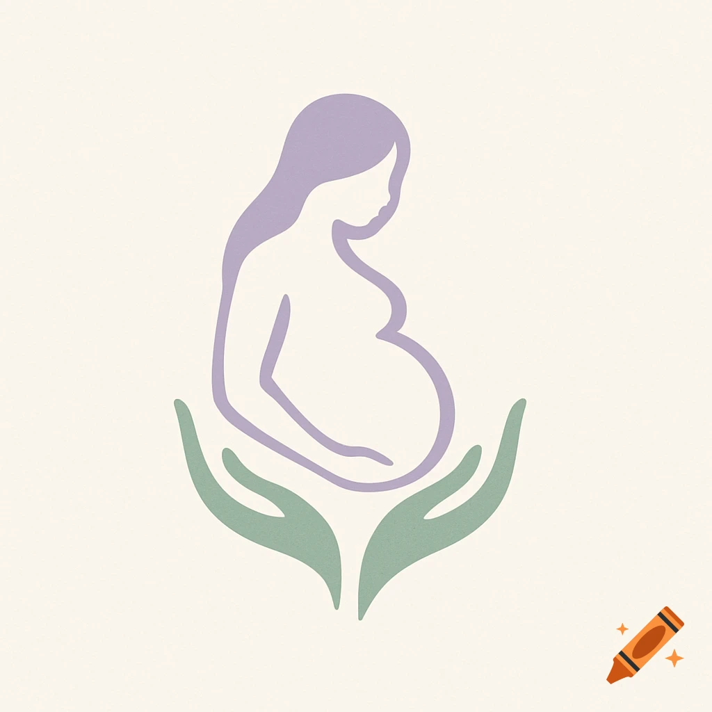 Stylized logo of a purple pregnant woman silhouette with green hands cradling her belly on a light background.