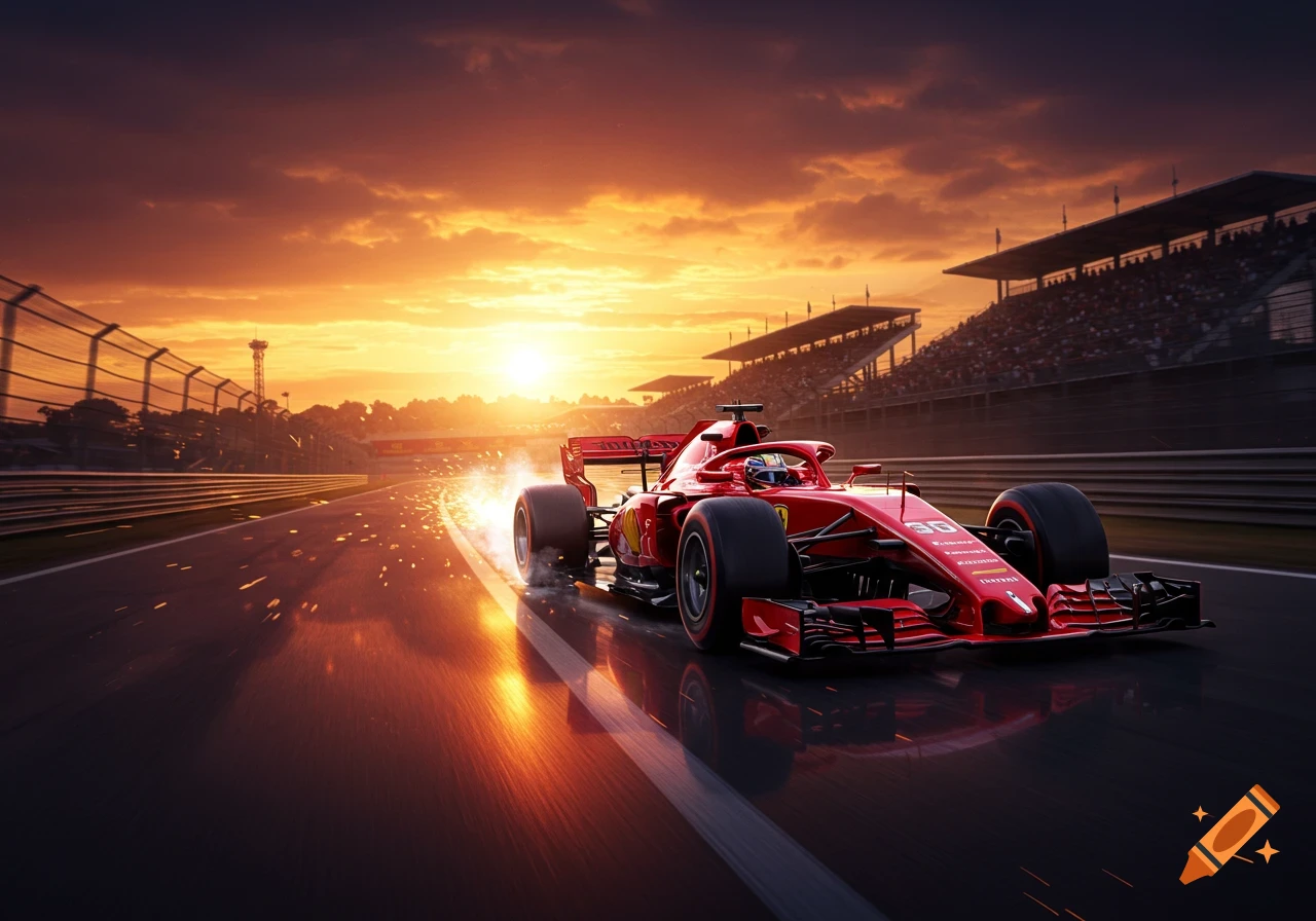 Photorealistic image of a red Formula 1 car speeding on a racetrack, with sparks, at sunset under a dramatic sky.