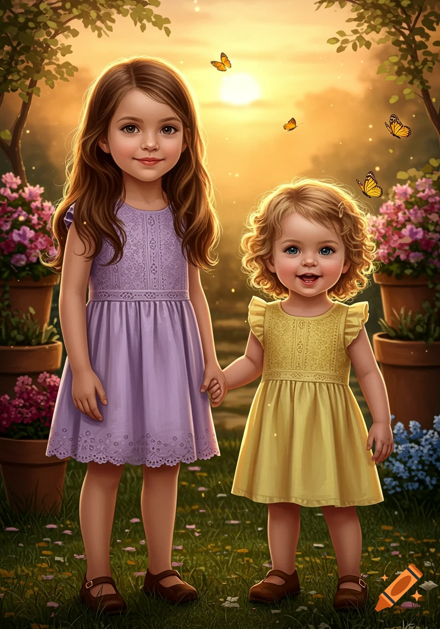 Smiling older girl in a purple dress and younger girl in a yellow dress holding hands in a sunlit garden with butterflies, digital art.