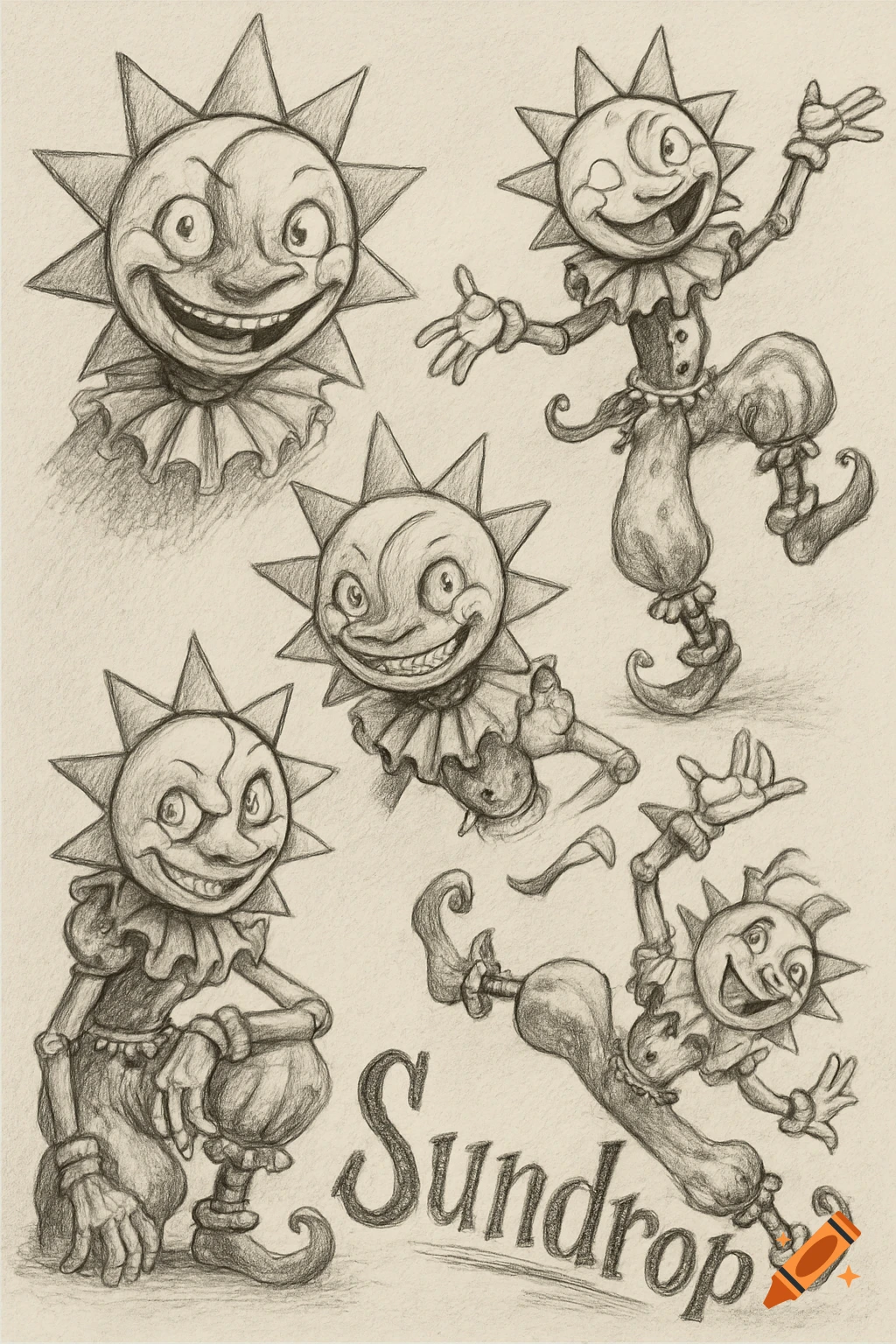 Multiple black and white pencil sketches of Sundrop from FNAF on a sketchbook page, with his name written at the bottom.