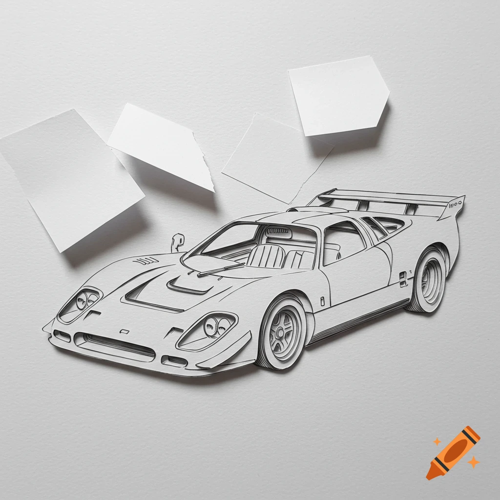 Detailed paper cutout of a vintage race car, resembling a Chaparral 2, on a white background with floating blank paper pieces.