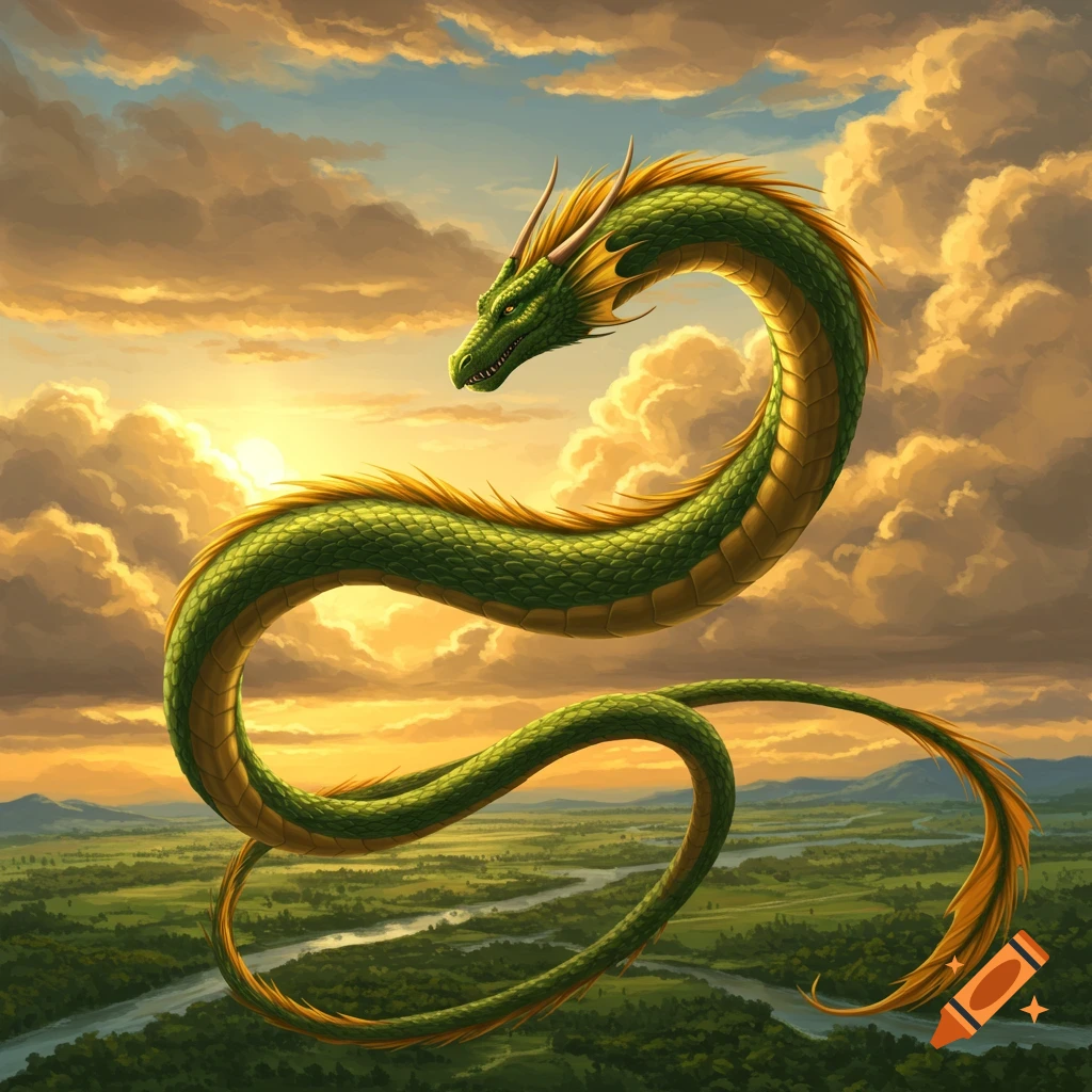 A majestic green and yellow dragon soaring through a vibrant sunset sky over a lush, winding river landscape.