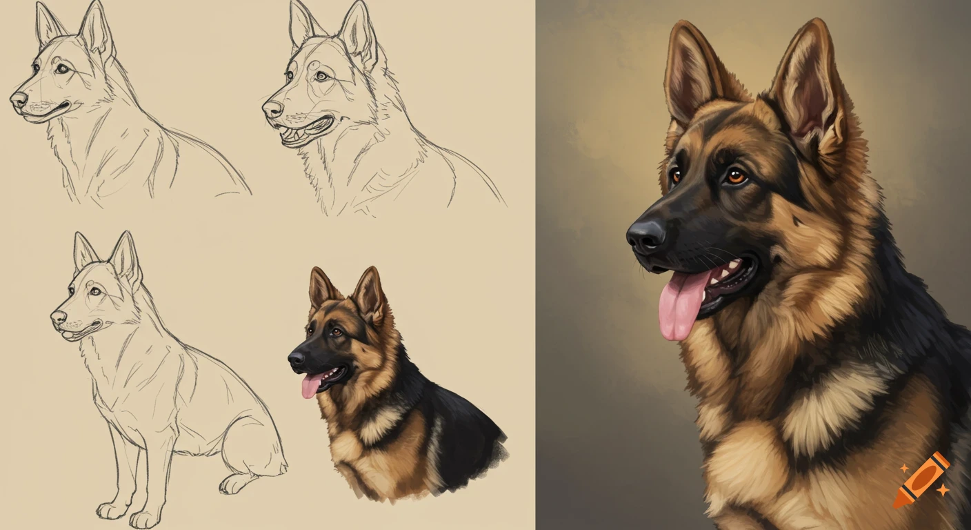 Sketches and a detailed colored illustration of a German Shepherd dog's head and bust.